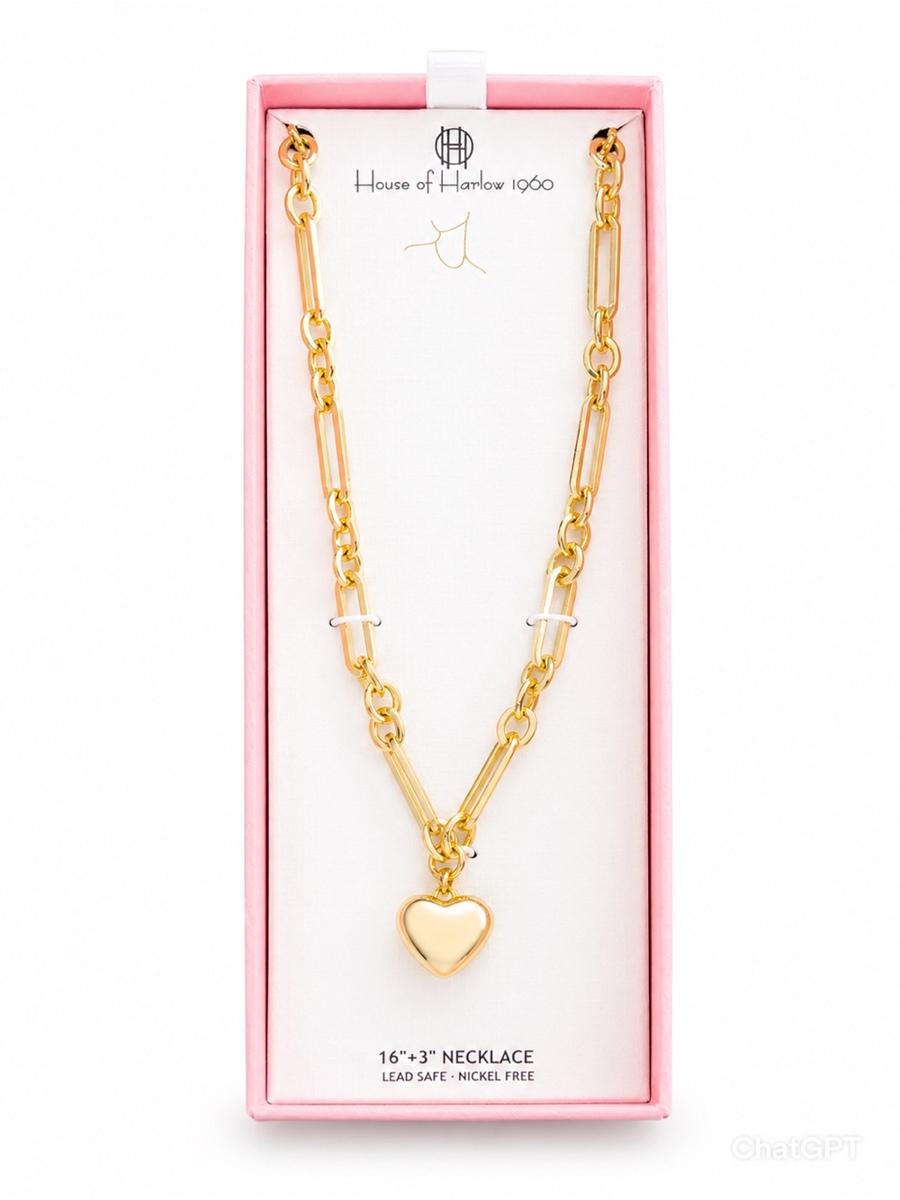 House of Harlow 1960 Gold Heart Charm Link Necklace
